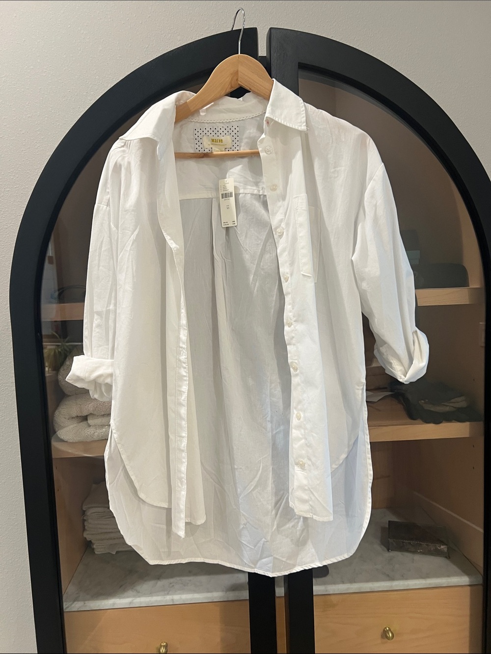 Anthropologie White Button-Down Shirt with Polka-Dot Neck Accent
